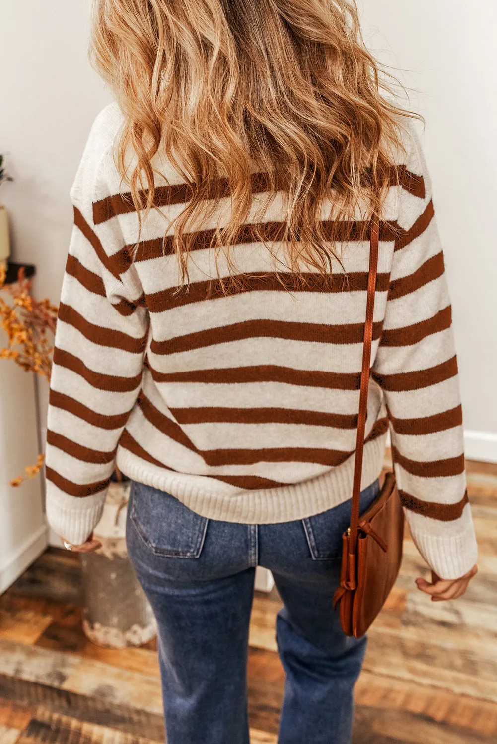 Red Sandalwood Striped Knit Drop Shoulder Collared V Neck Sweater