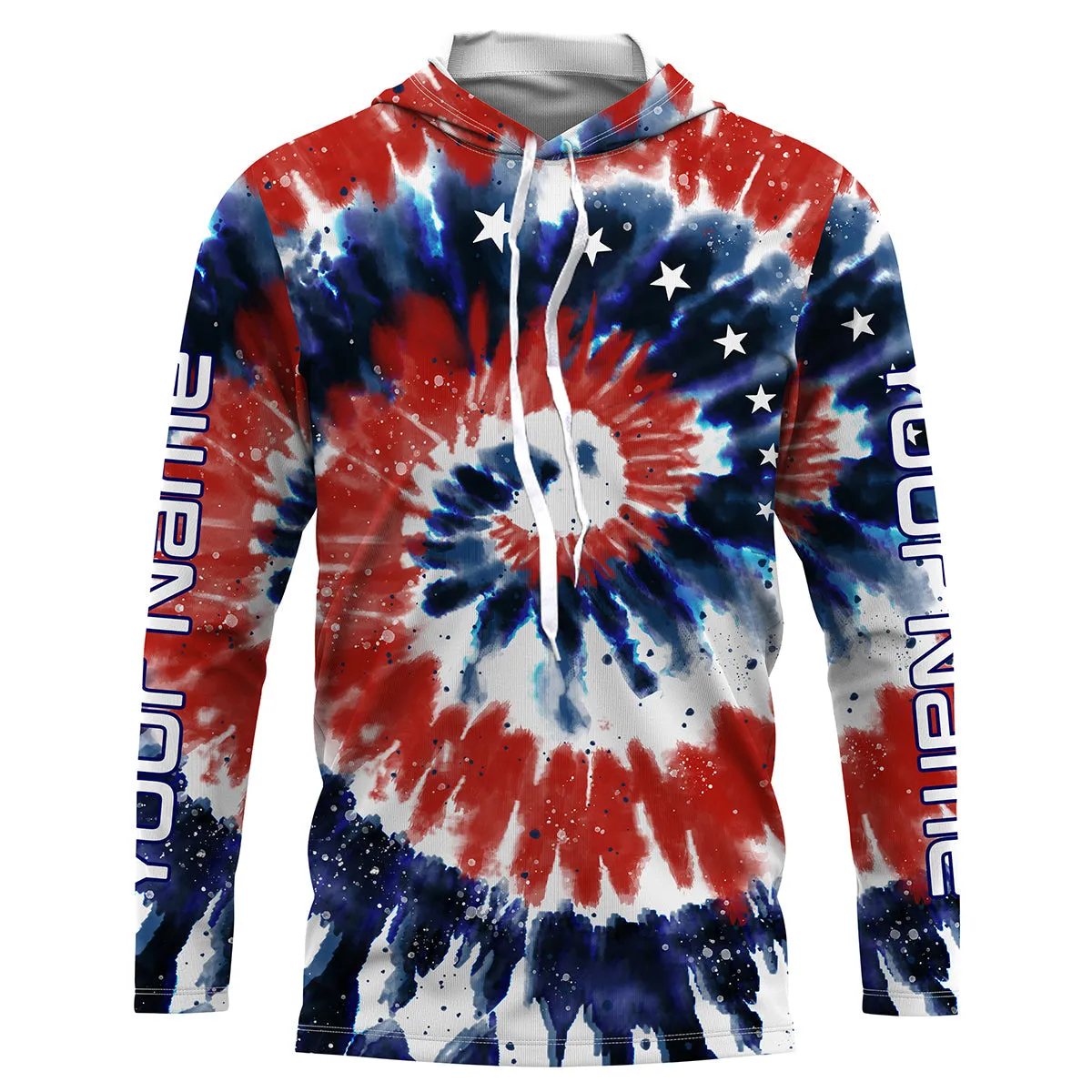 Red White and Blue American Tie dye Flag Custom Long Sleeve Fishing Shirts, Patriotic Fishing Shirts IPHW1714