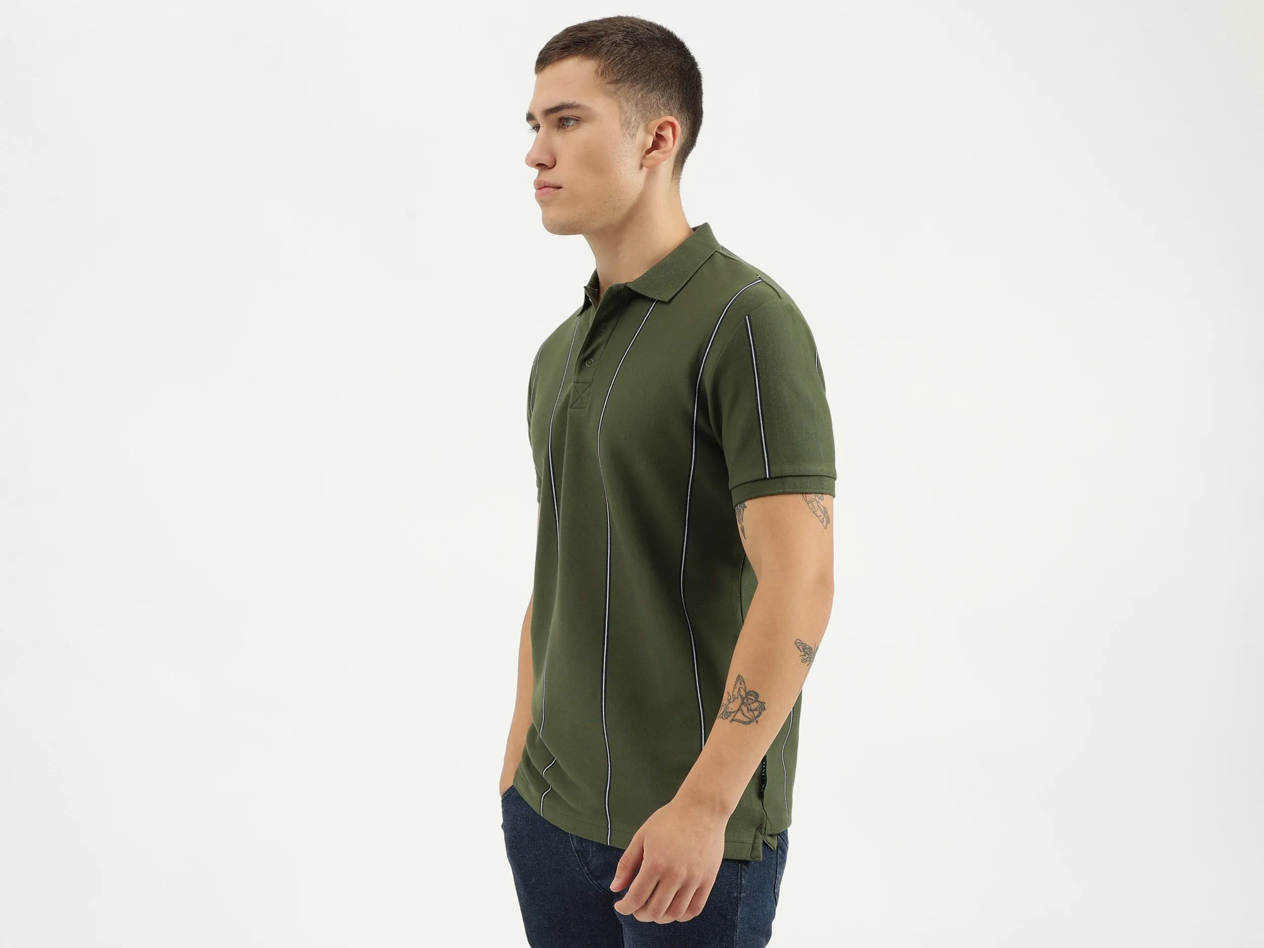 Regular Fit Polo Neck Striped T-shirts