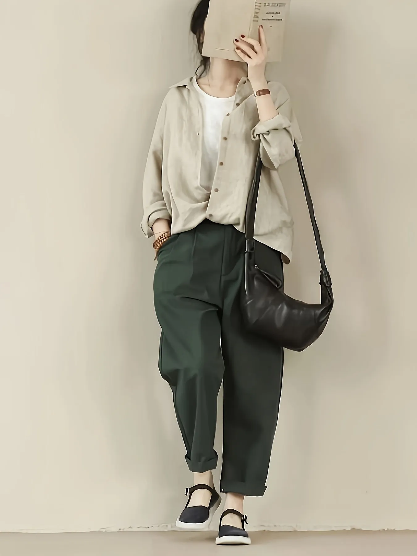 Relaxed Textured Button Down Khaki Shirt