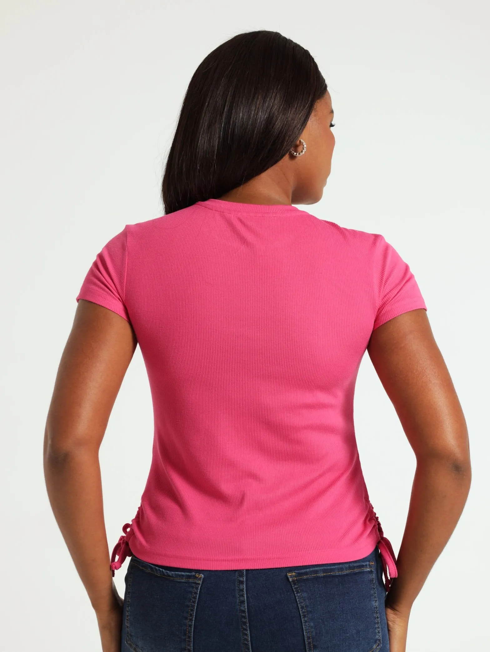 Rib Fitted Tee With Drawstring - Cerise