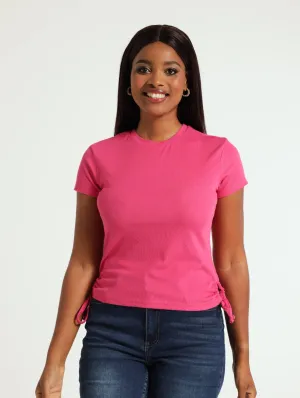 Rib Fitted Tee With Drawstring - Cerise