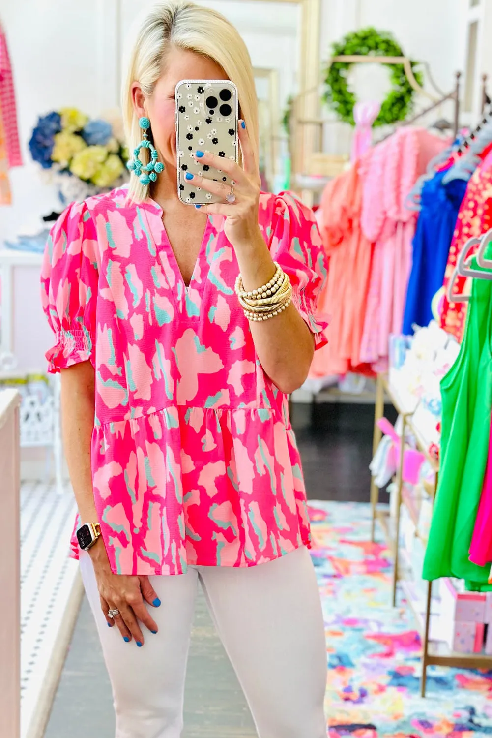 Rose Abstract Print Smocked Puff Sleeve V Neck Blouse