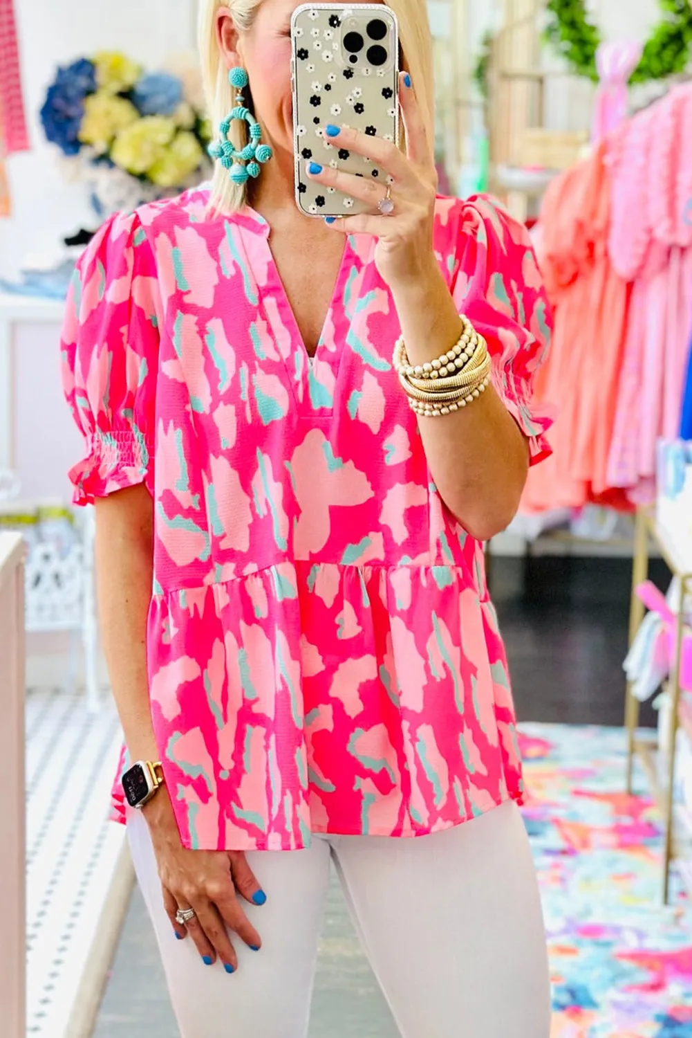 Rose Abstract Print Smocked Puff Sleeve V Neck Blouse