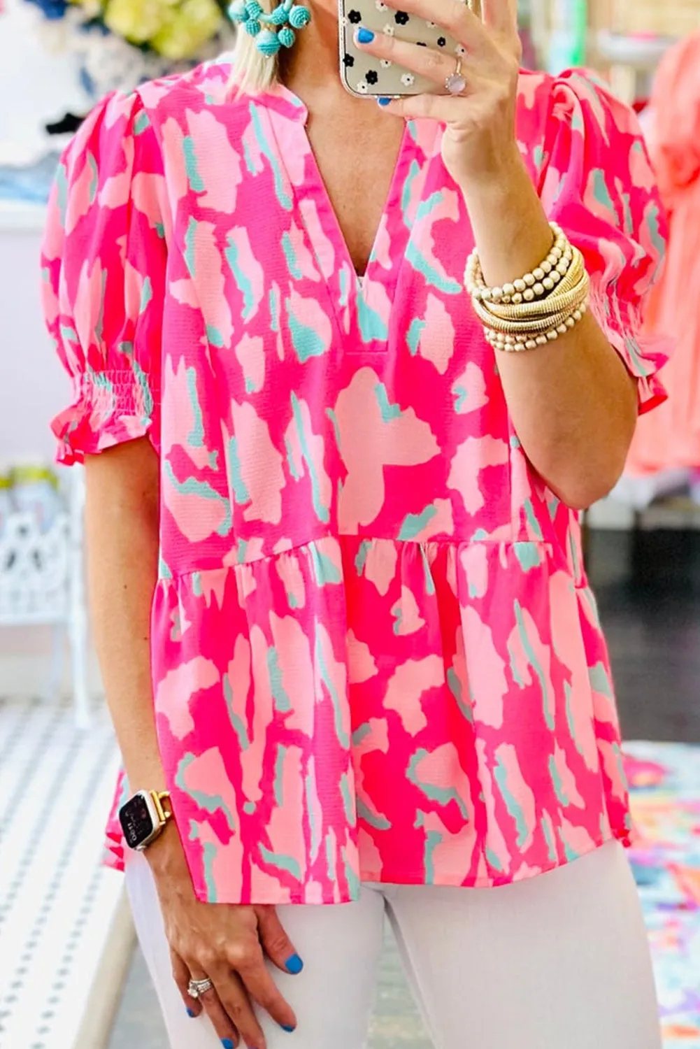 Rose Abstract Print Smocked Puff Sleeve V Neck Blouse