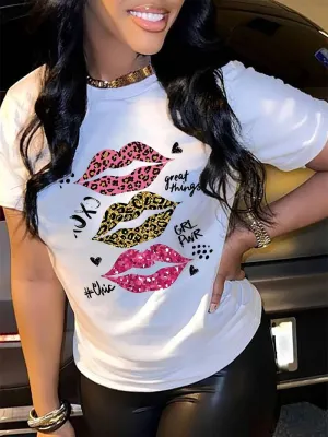 Sophia Summer Top: Casual Shirt Sleeves & Leopard Print Lips