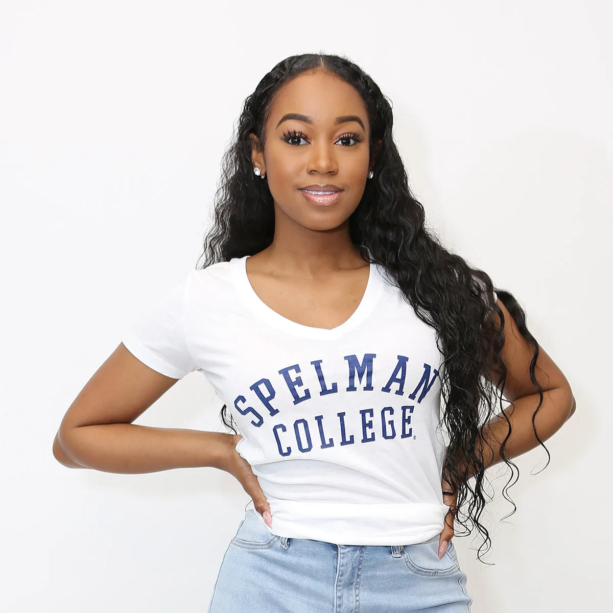 SPELMAN | UNIV ARCH Ladies White V-Neck Tees (**)