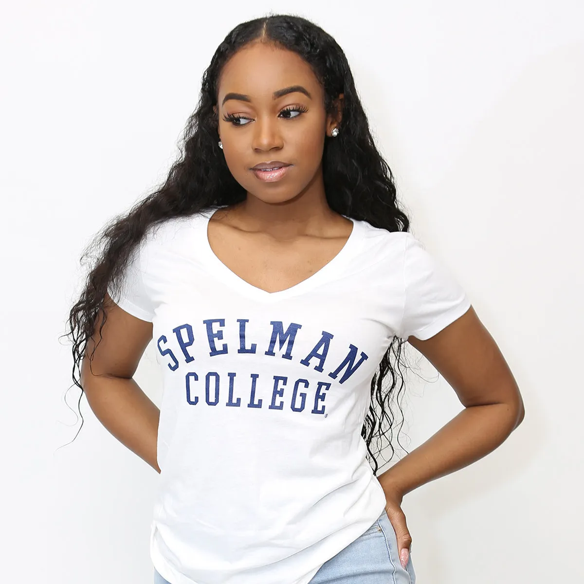 SPELMAN | UNIV ARCH Ladies White V-Neck Tees (**)