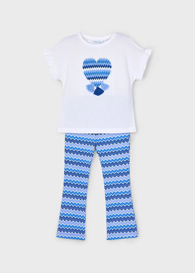SS25 Mayoral Girls Blue & White Chevron Flared Leggings Set 3709