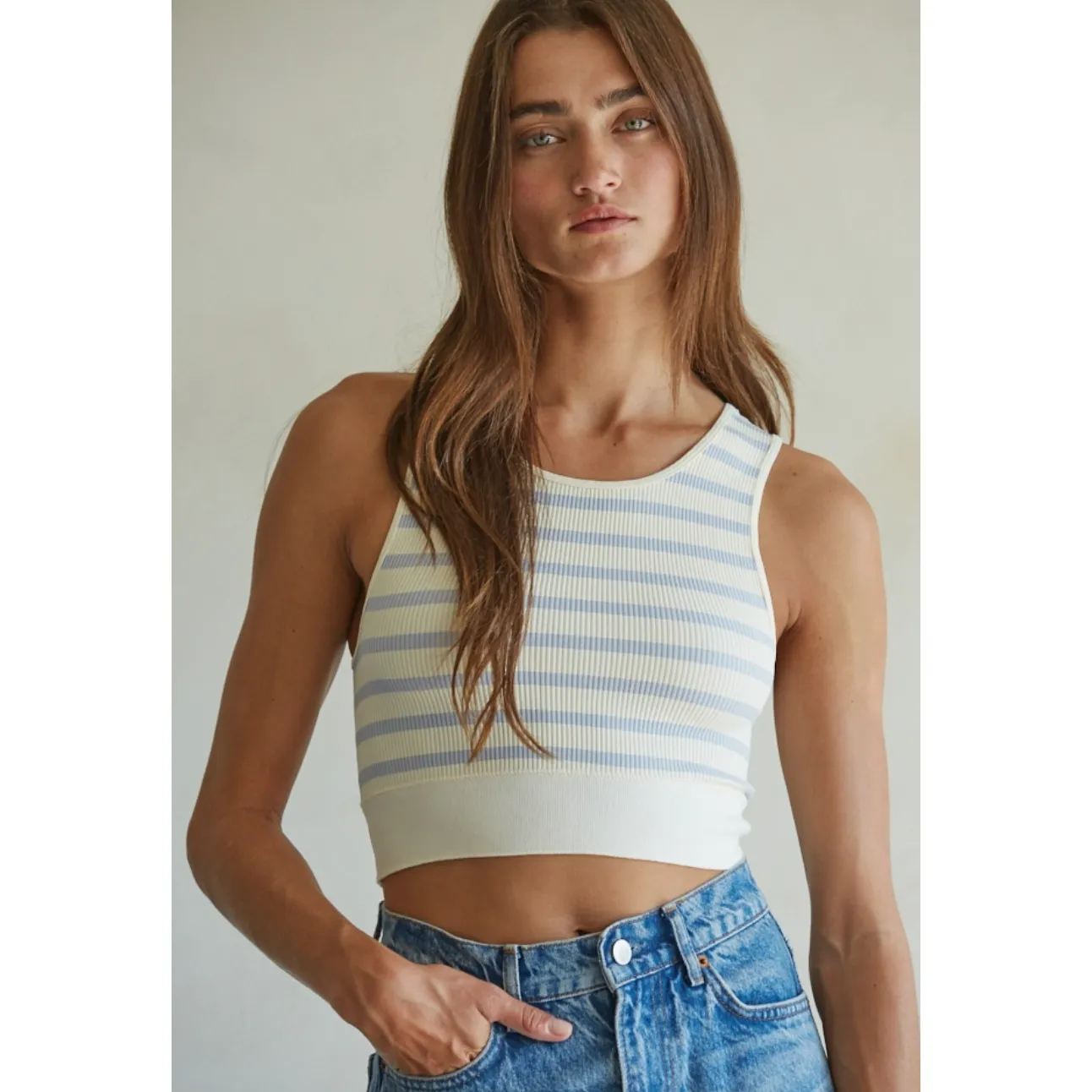 Striped Ribbed Crop Top - Light Blue