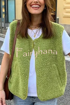Stylish Polar Fleece Loose Single-breasted Sleeveless Vest Jacket