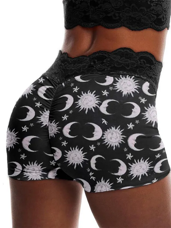 Sun Moon Print Skinny Shorts