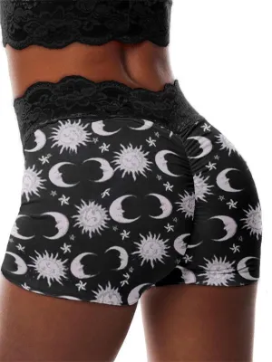 Sun Moon Print Skinny Shorts