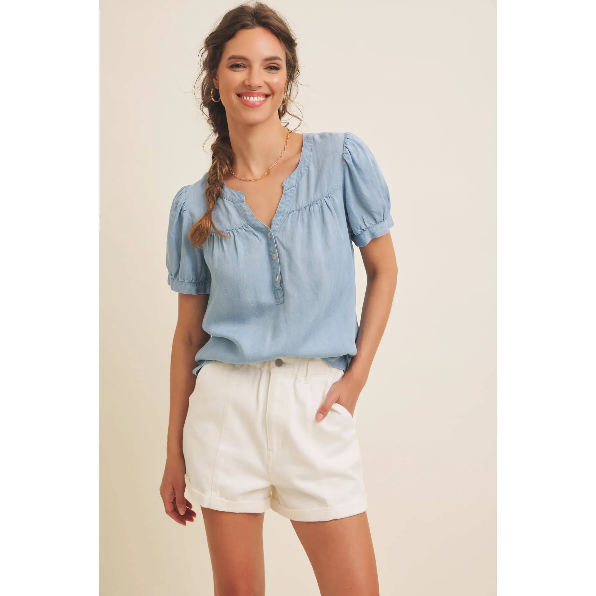 Sunday Afternoon Puff Sleeve Chambray Blouse