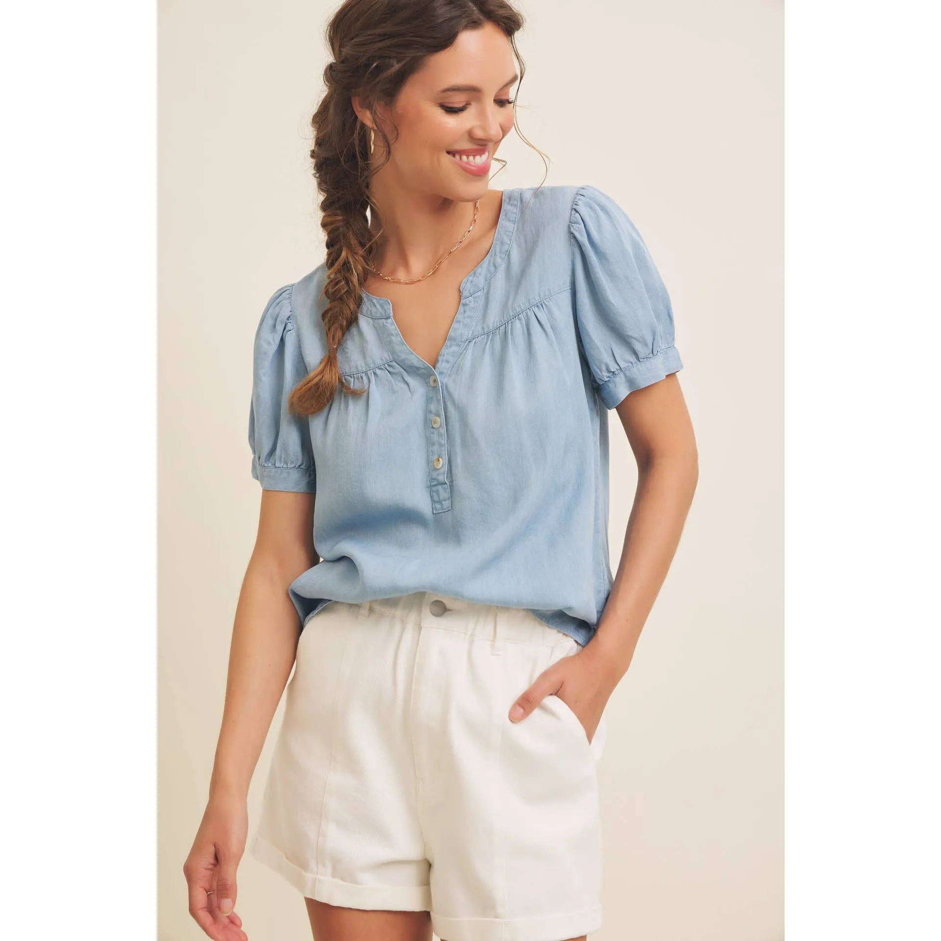 Sunday Afternoon Puff Sleeve Chambray Blouse