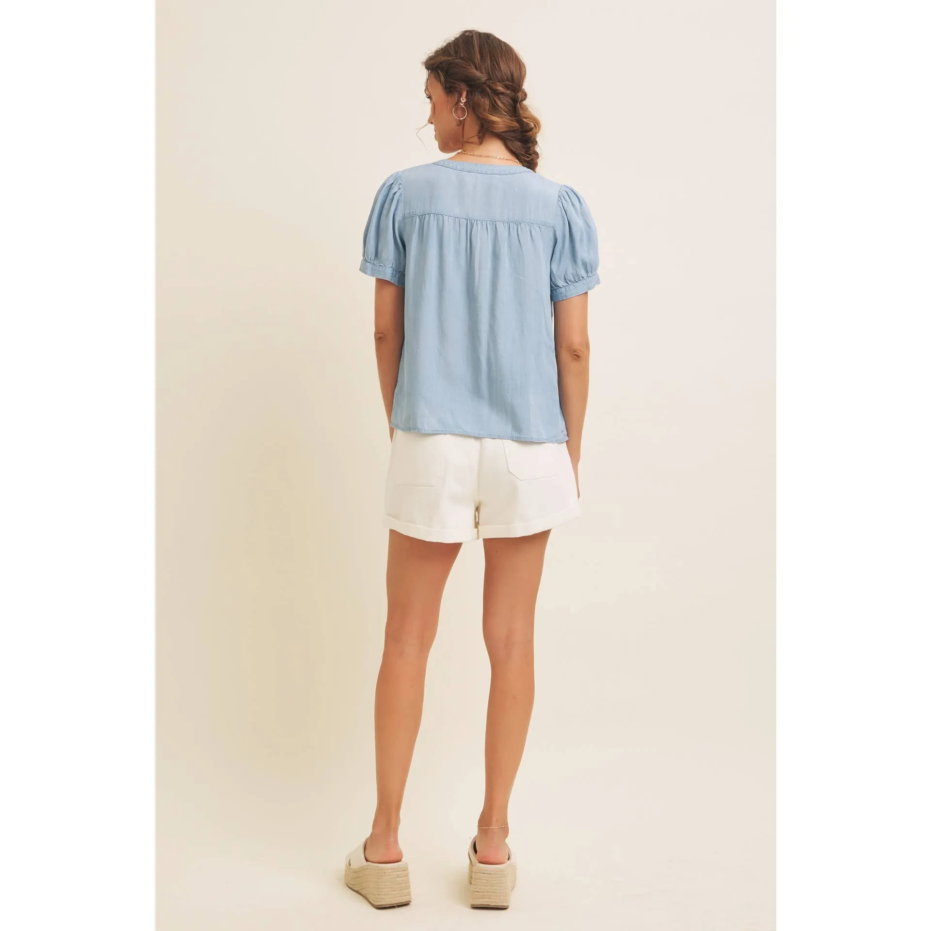 Sunday Afternoon Puff Sleeve Chambray Blouse