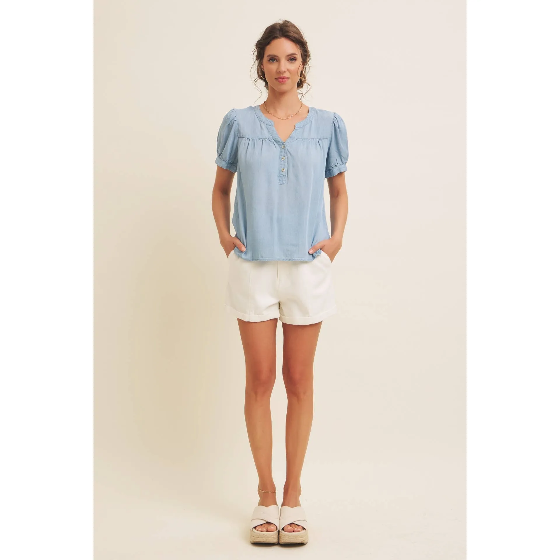 Sunday Afternoon Puff Sleeve Chambray Blouse