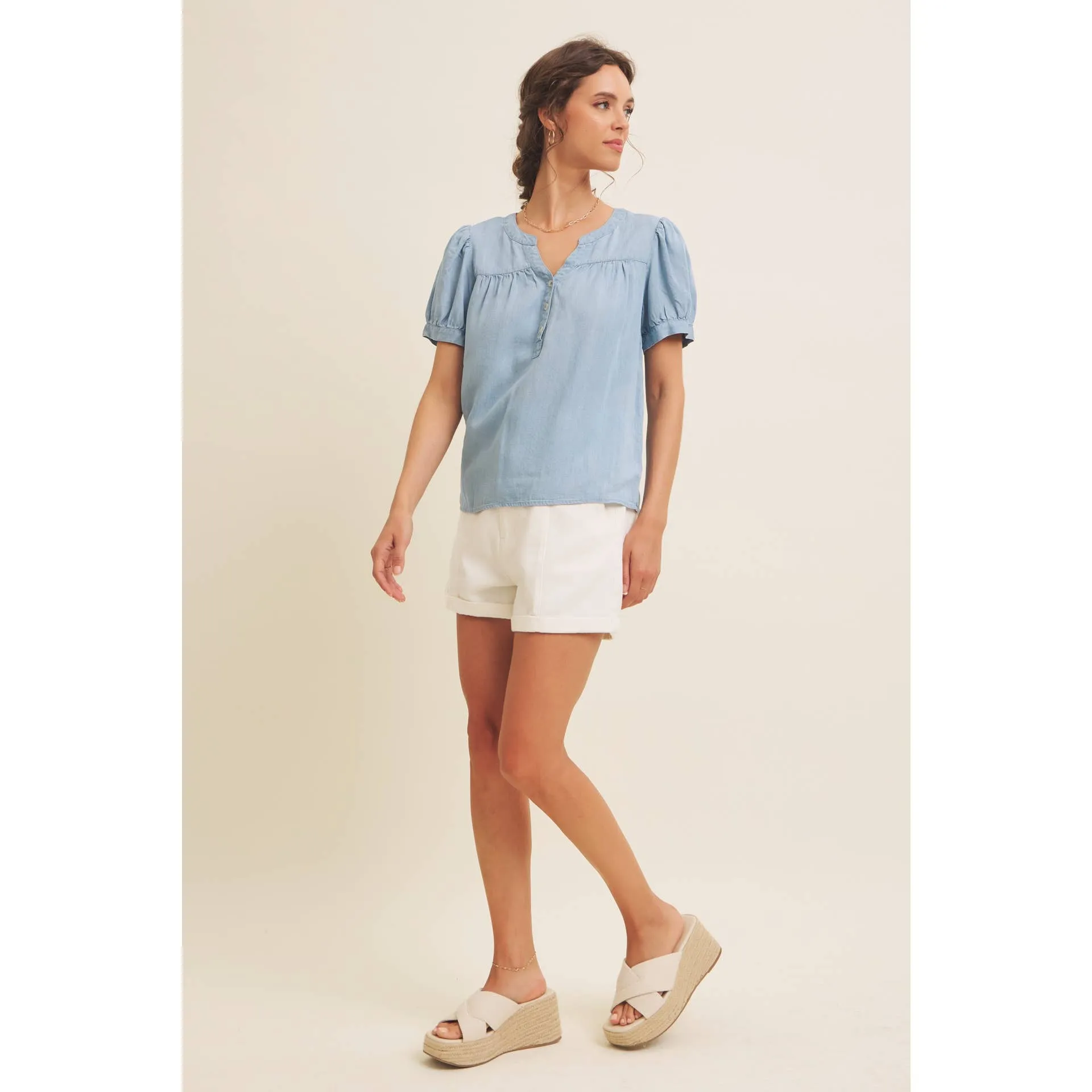 Sunday Afternoon Puff Sleeve Chambray Blouse