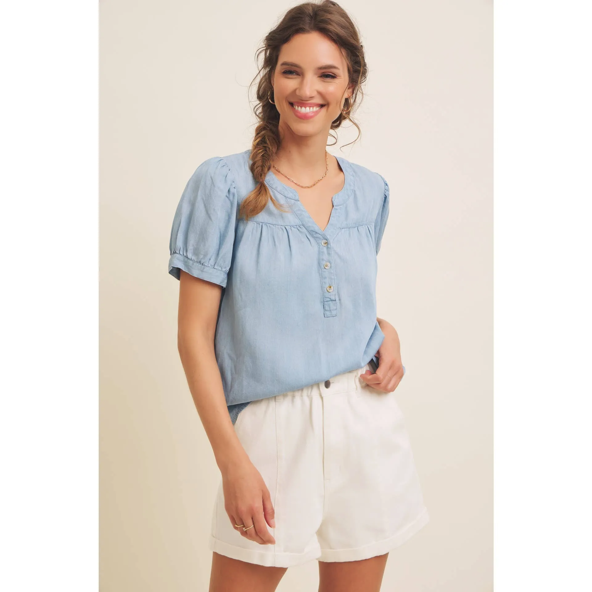 Sunday Afternoon Puff Sleeve Chambray Blouse