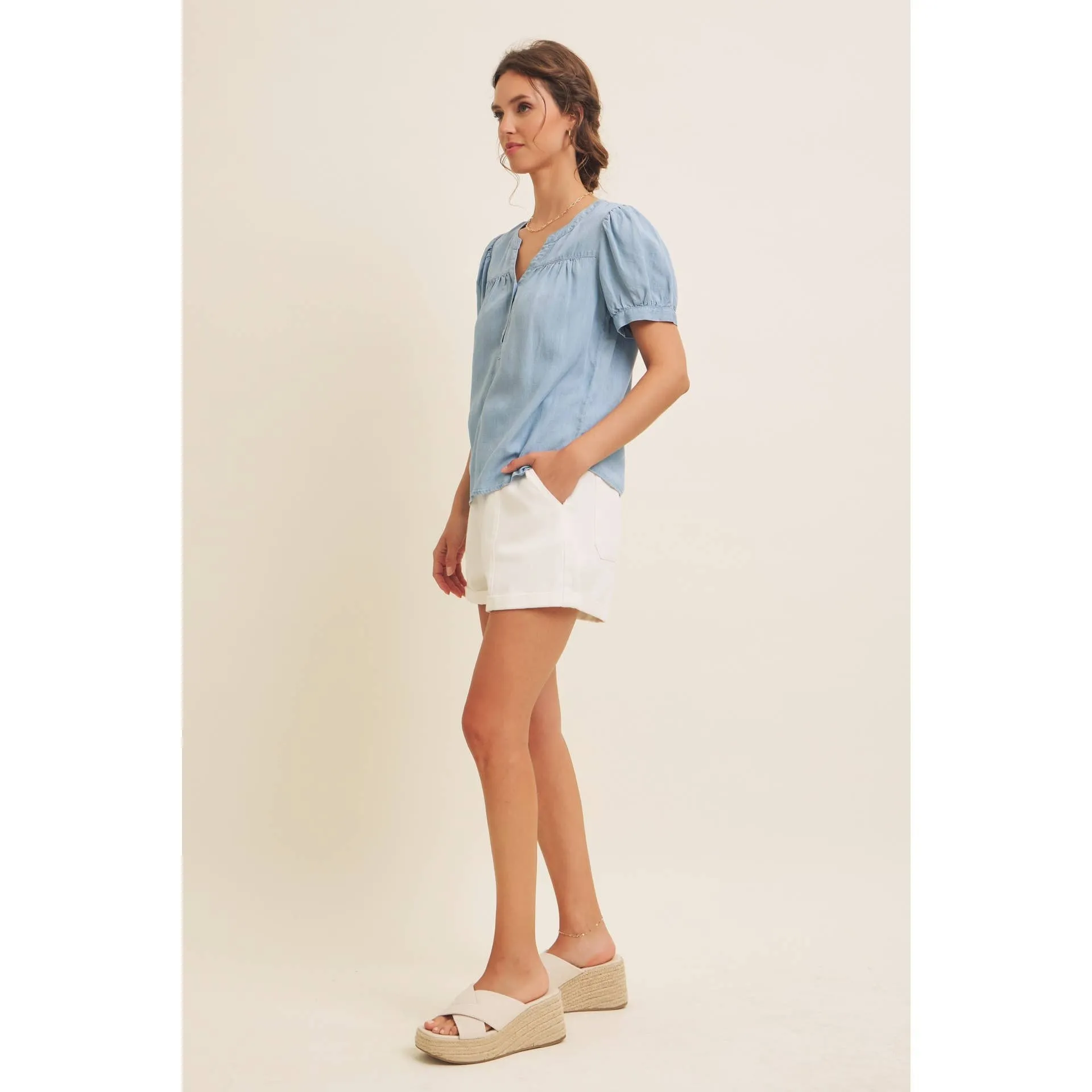 Sunday Afternoon Puff Sleeve Chambray Blouse