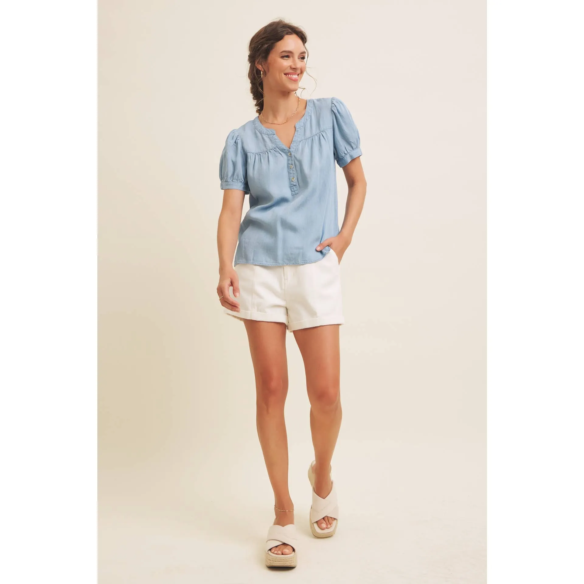 Sunday Afternoon Puff Sleeve Chambray Blouse