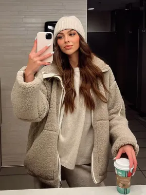 thanksgiving outfit JazzHer Casual Lamb Wool Jackets Women Solid Loose Lapel Full Sleeve Zipper Pocket Coats Female 2024 Winter Thicken Warm Overcoat Lady