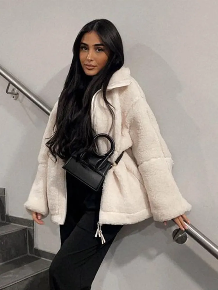 thanksgiving outfit JazzHer Casual Lamb Wool Jackets Women Solid Loose Lapel Full Sleeve Zipper Pocket Coats Female 2024 Winter Thicken Warm Overcoat Lady