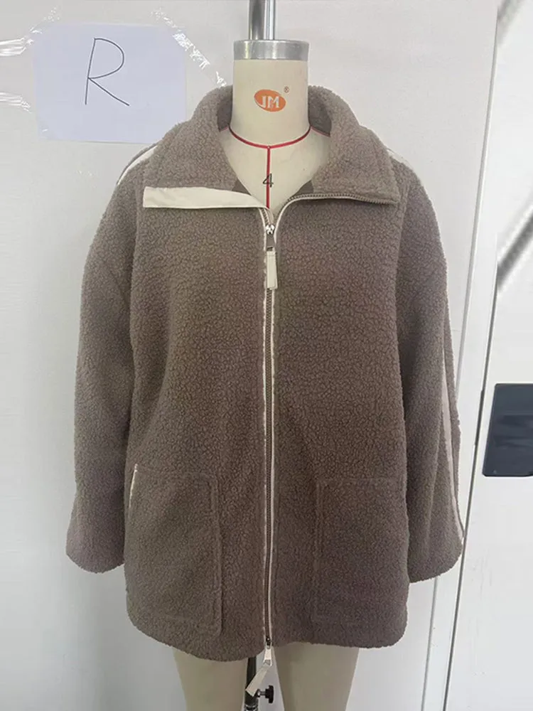 thanksgiving outfit JazzHer Casual Lamb Wool Jackets Women Solid Loose Lapel Full Sleeve Zipper Pocket Coats Female 2024 Winter Thicken Warm Overcoat Lady