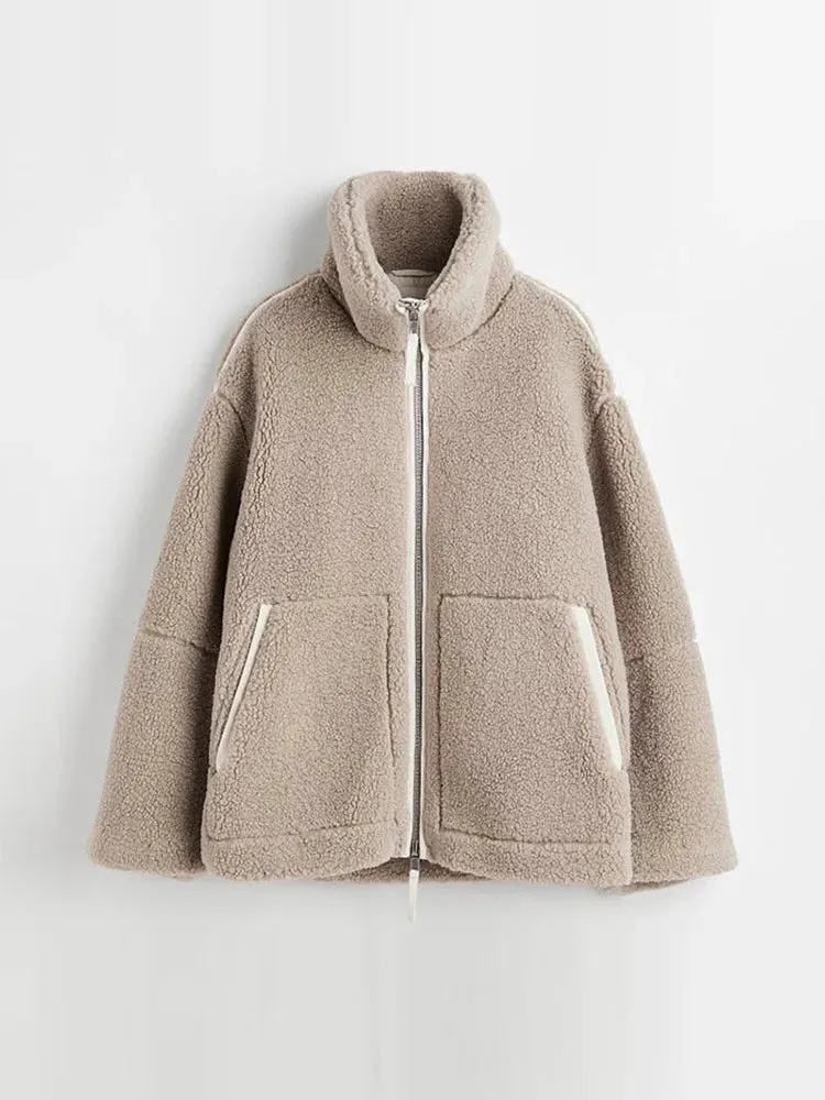 thanksgiving outfit JazzHer Casual Lamb Wool Jackets Women Solid Loose Lapel Full Sleeve Zipper Pocket Coats Female 2024 Winter Thicken Warm Overcoat Lady