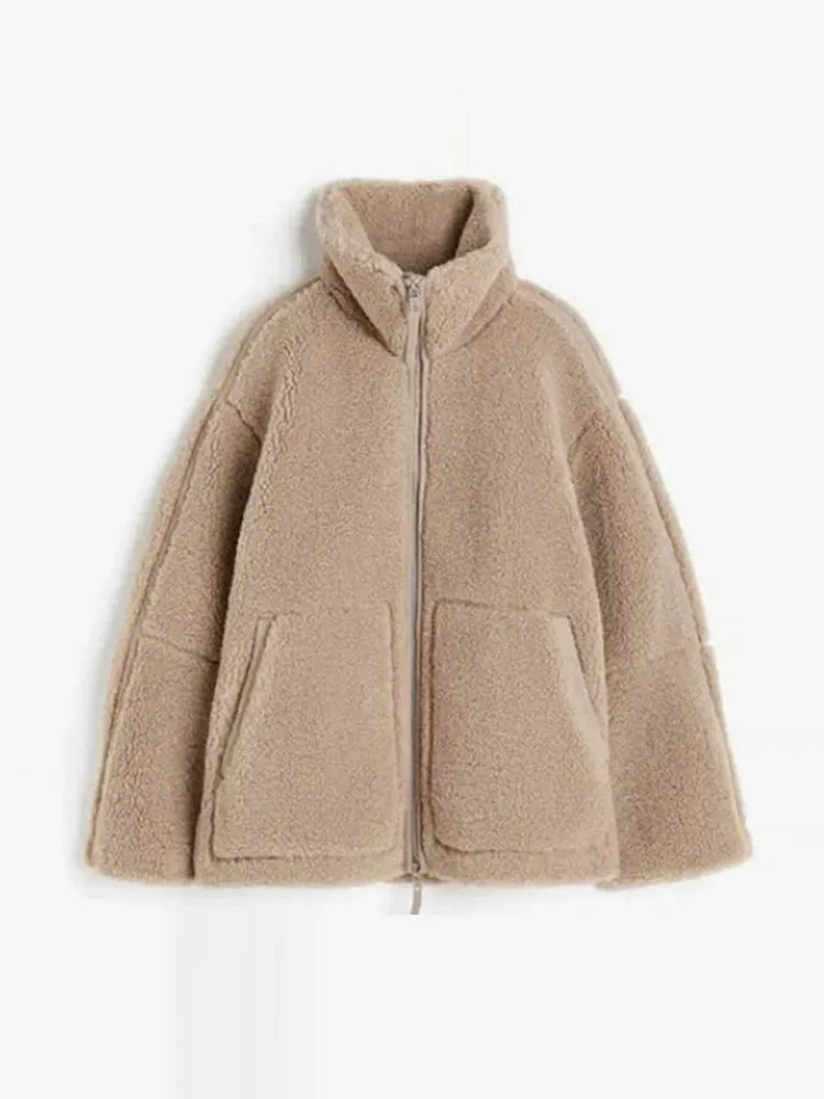 thanksgiving outfit JazzHer Casual Lamb Wool Jackets Women Solid Loose Lapel Full Sleeve Zipper Pocket Coats Female 2024 Winter Thicken Warm Overcoat Lady