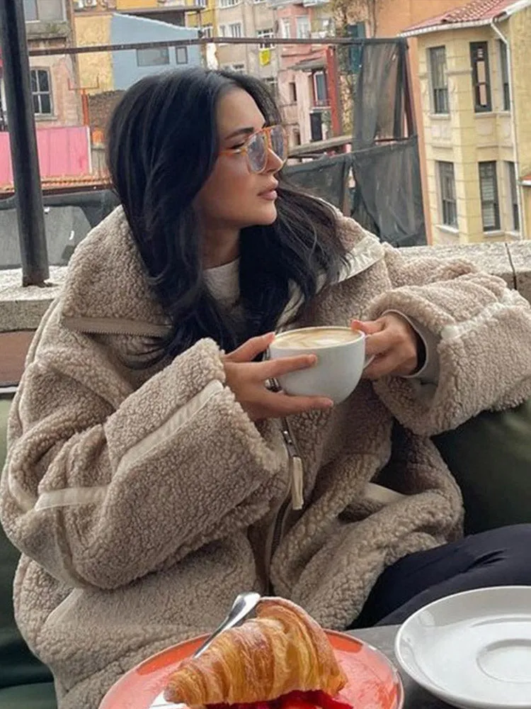 thanksgiving outfit JazzHer Casual Lamb Wool Jackets Women Solid Loose Lapel Full Sleeve Zipper Pocket Coats Female 2024 Winter Thicken Warm Overcoat Lady