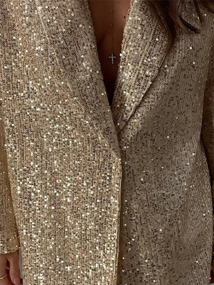 thanksgiving outfit JazzHer Elegant Sequin Jacket Pant Sets Women Loose Lapel One Button Long Sleeve Coats Wide Leg Pants 2024 Autumn Commuting Outfits Lady