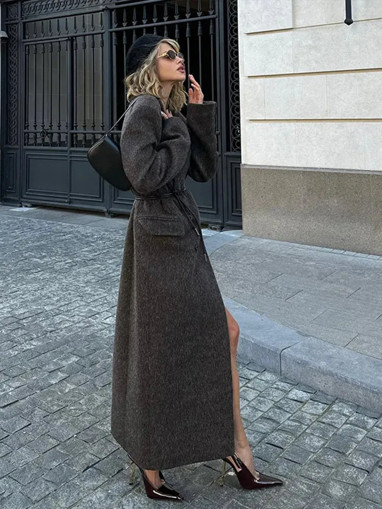 thanksgiving outfit JazzHer Elegant Split Long Coat With Belt Women V-neck Double Breasted Long Sleeve Solid Overcoat 2024 Autumn Winter High Street Outwear