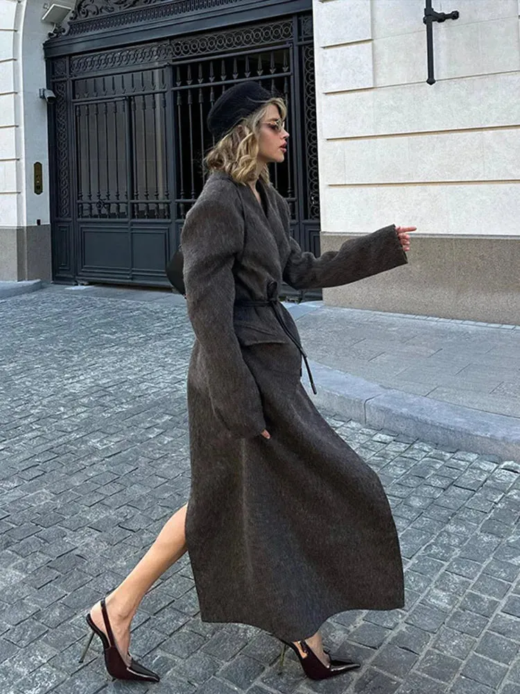 thanksgiving outfit JazzHer Elegant Split Long Coat With Belt Women V-neck Double Breasted Long Sleeve Solid Overcoat 2024 Autumn Winter High Street Outwear