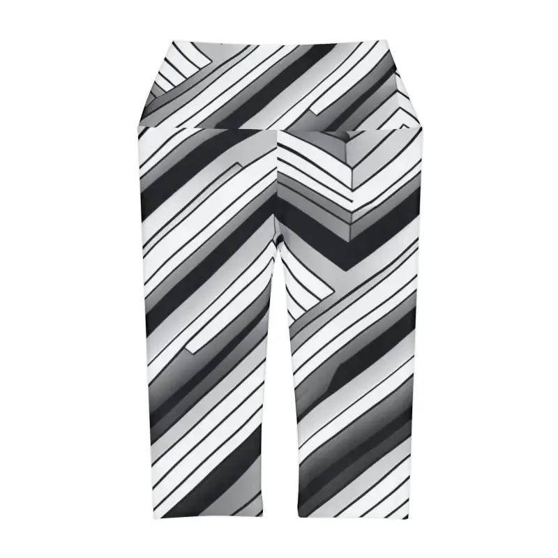 Trendy Abstract Grey Black Striped Yoga Capri Leggings
