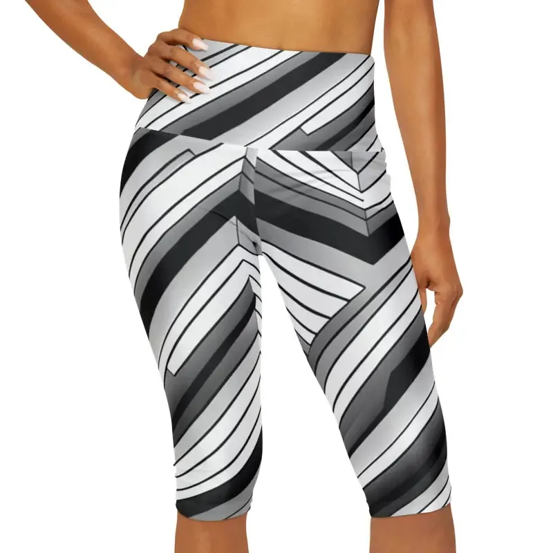 Trendy Abstract Grey Black Striped Yoga Capri Leggings