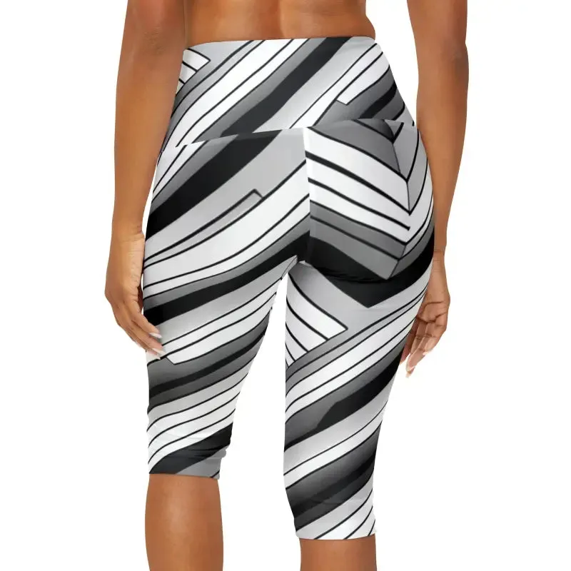 Trendy Abstract Grey Black Striped Yoga Capri Leggings