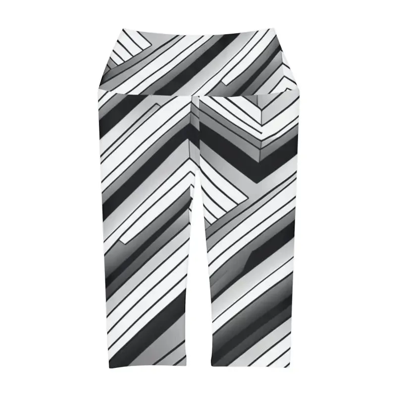 Trendy Abstract Grey Black Striped Yoga Capri Leggings