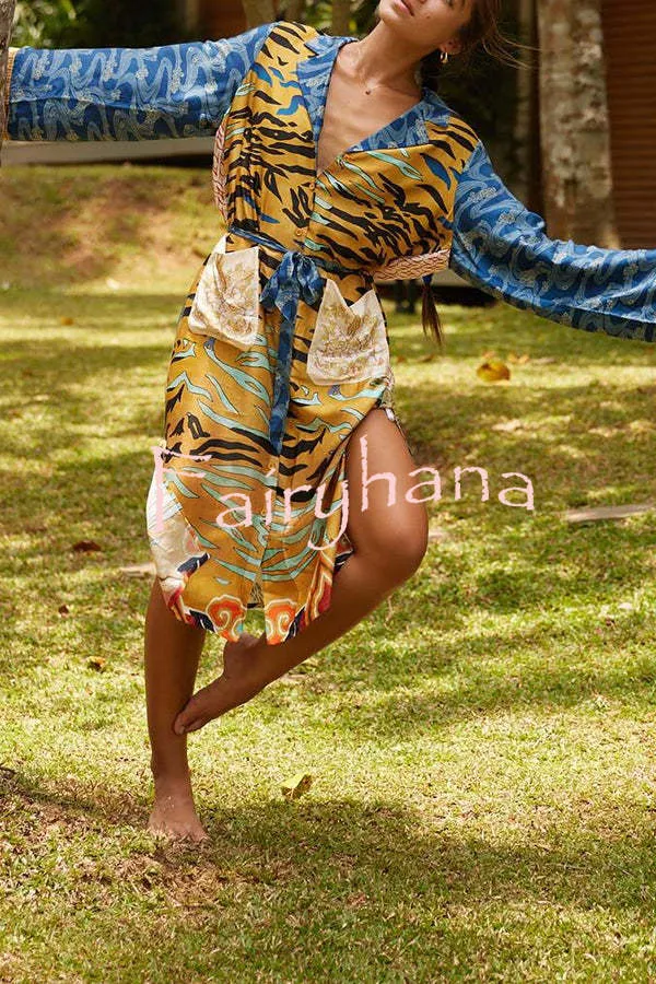 Tropical Jungle Tiger Unique Print  Long Sleeve Belt Pocketed Kimono Coat