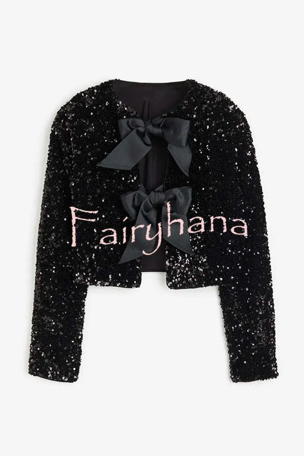 Two Ways To Celebrate Tie-front Bow Sequined Jacket