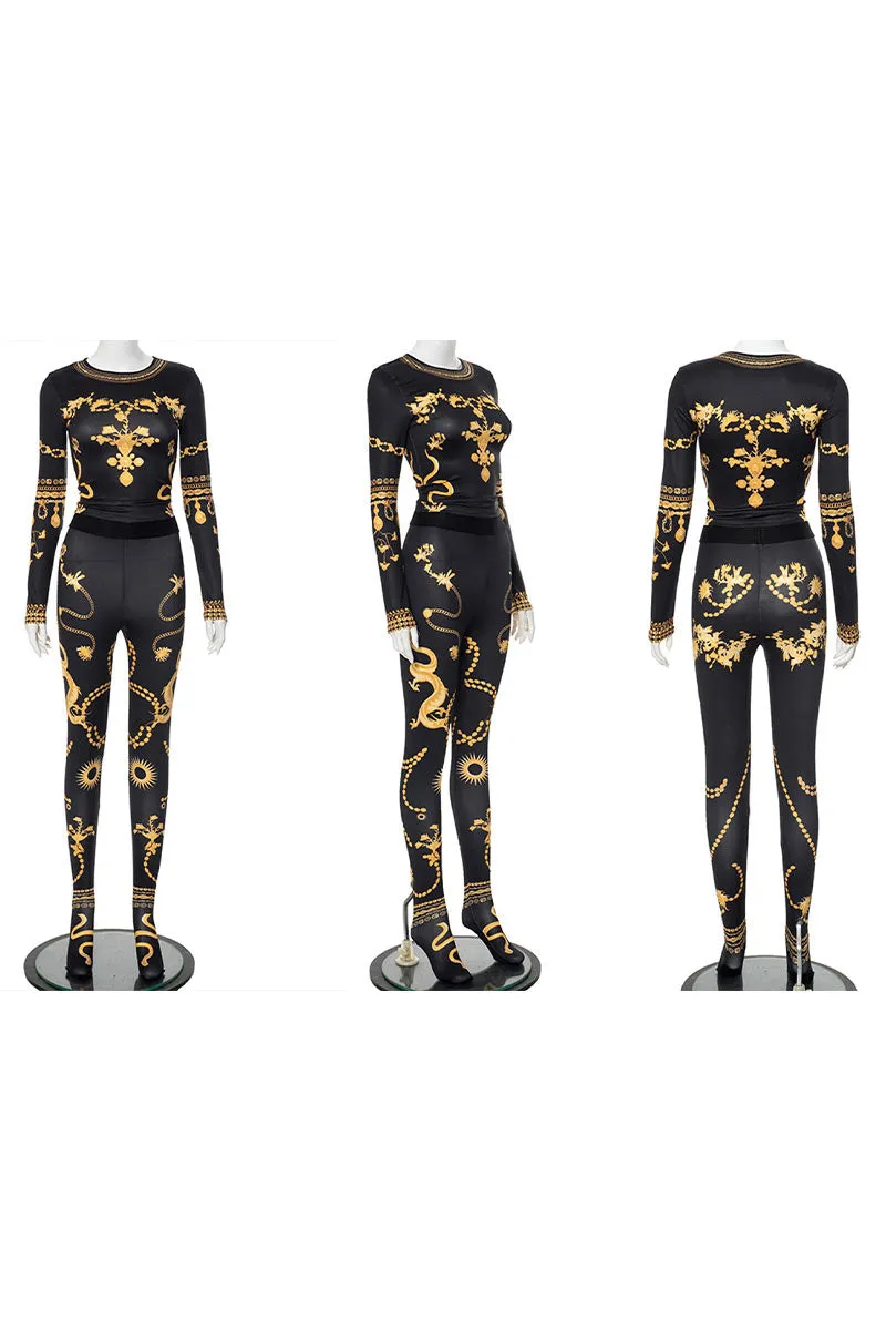 UK660 Graphic Long Sleeve Round Neck Top and Leggings Set