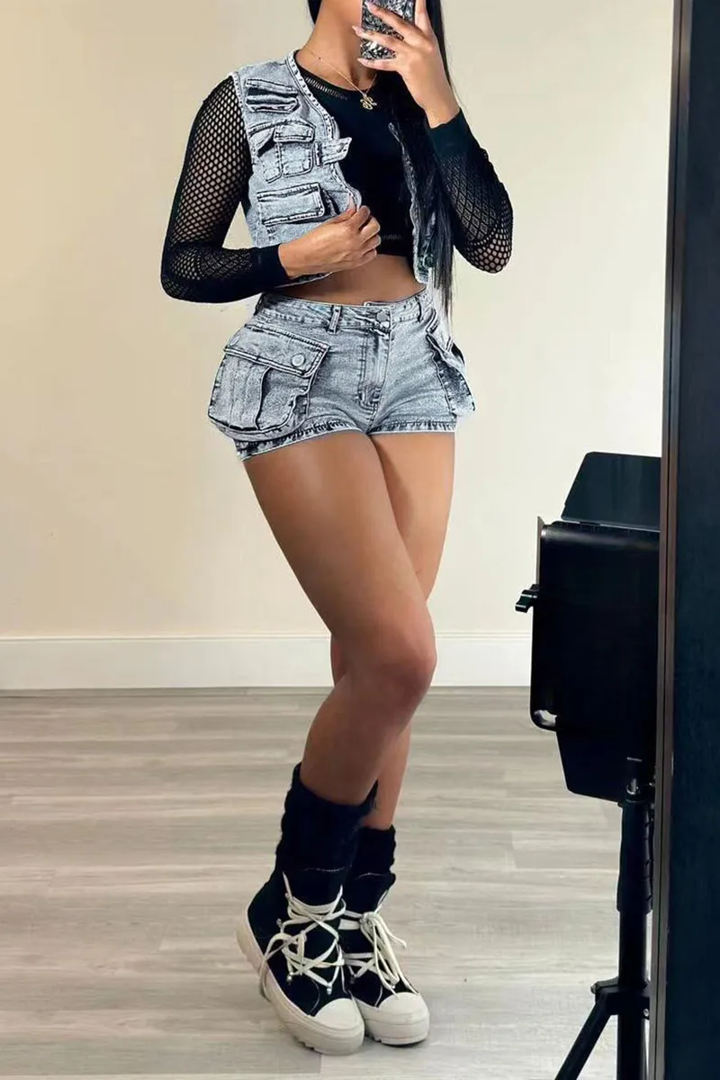 UL0431 Denim Vest and Shorts Set