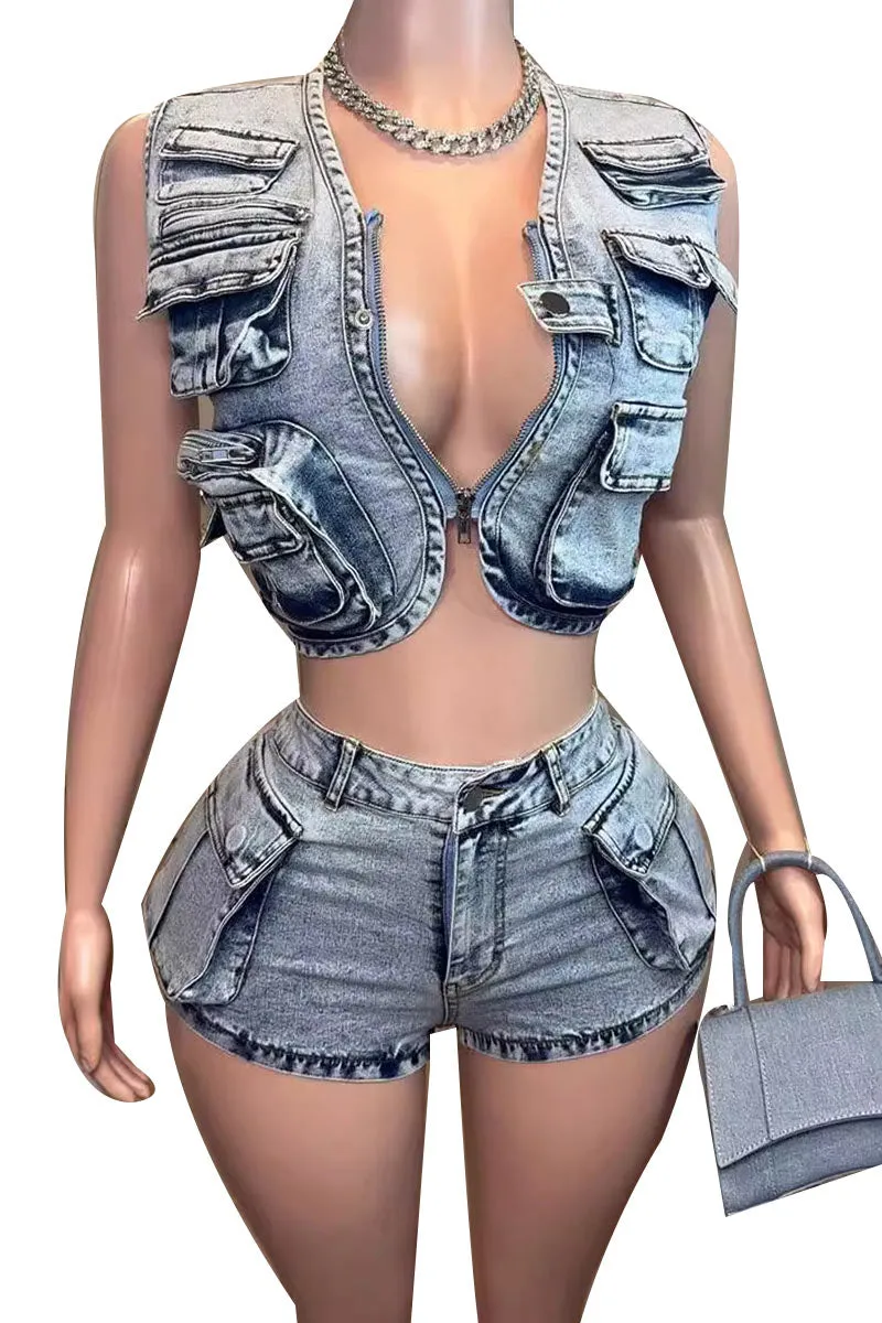 UL0431 Denim Vest and Shorts Set