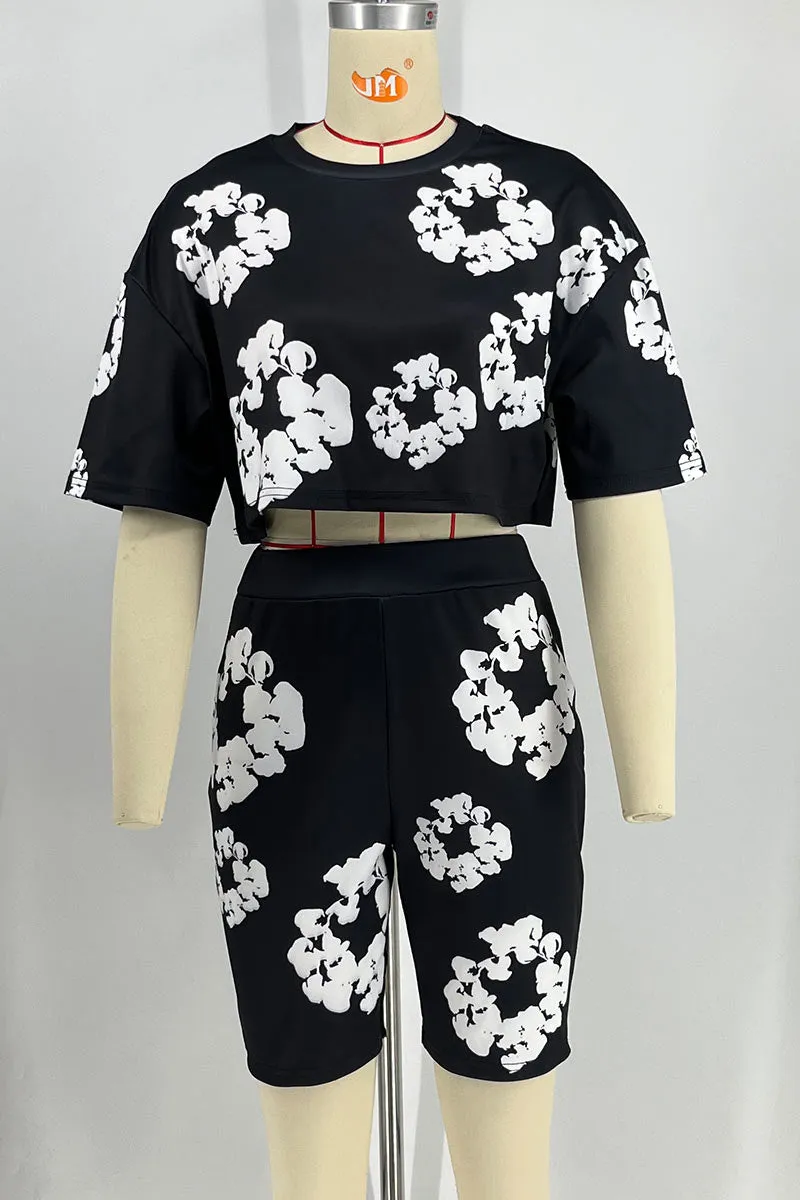 UL635 Flowery Printed Short Sleeve Top and Shorts Set