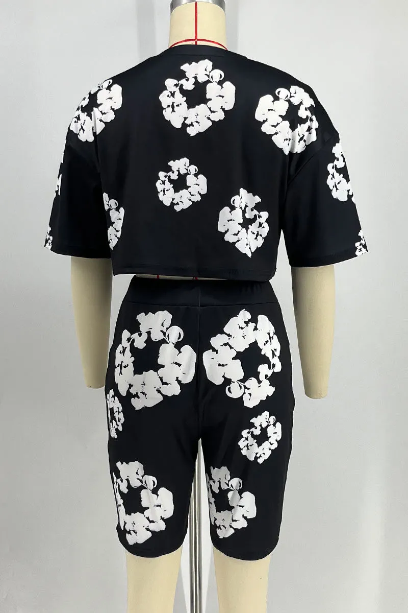 UL635 Flowery Printed Short Sleeve Top and Shorts Set