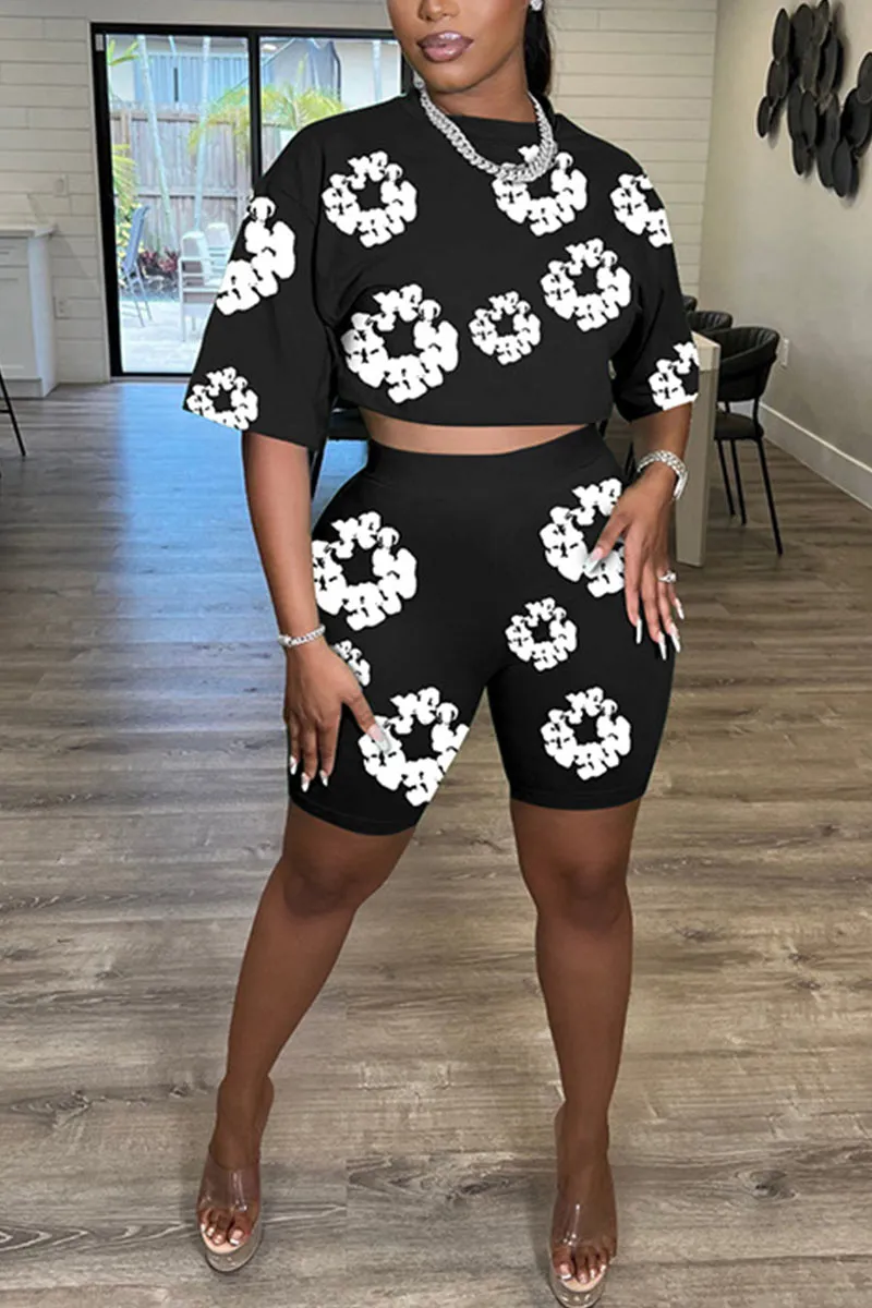 UL635 Flowery Printed Short Sleeve Top and Shorts Set