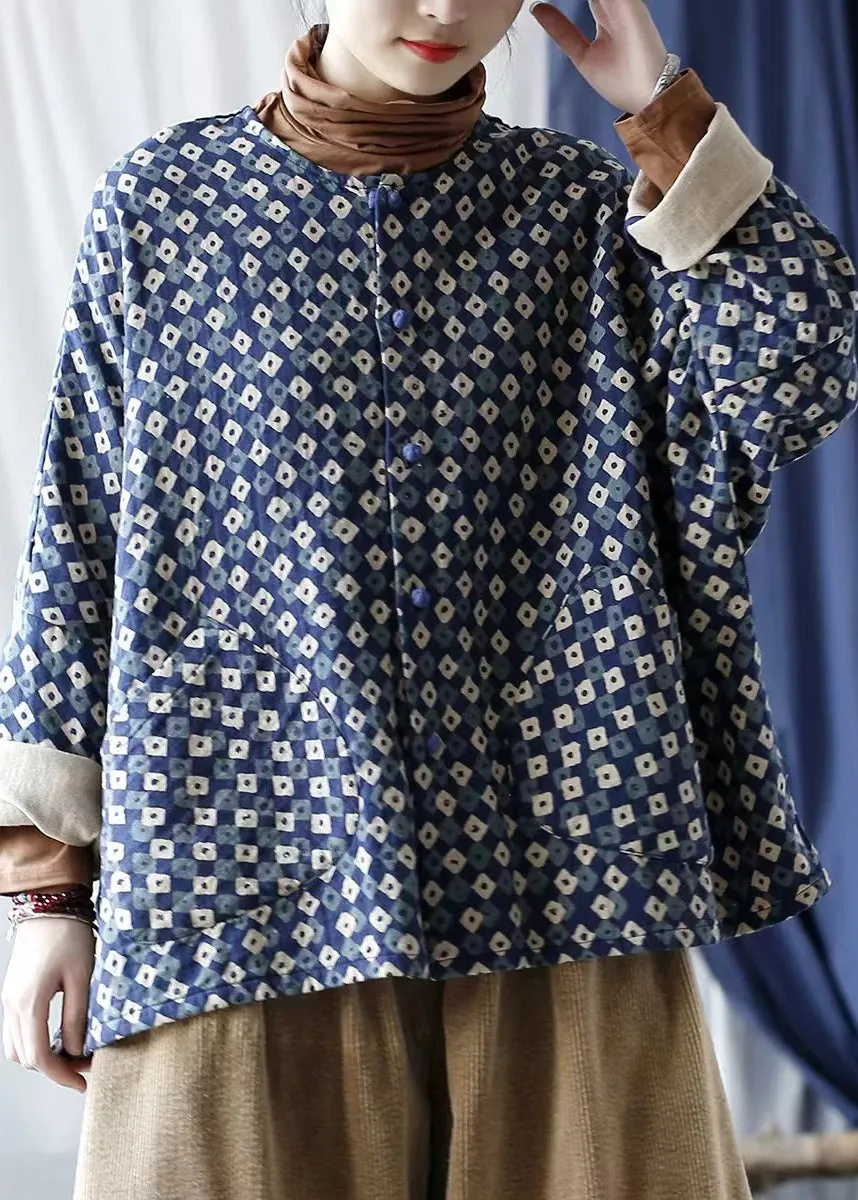 Vintage Blue Oversized Print Linen Coat Spring