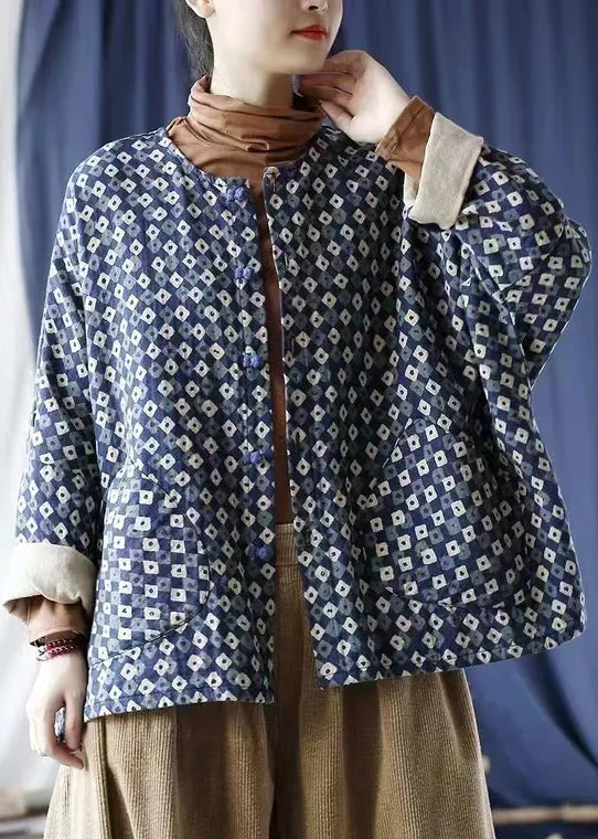Vintage Blue Oversized Print Linen Coat Spring