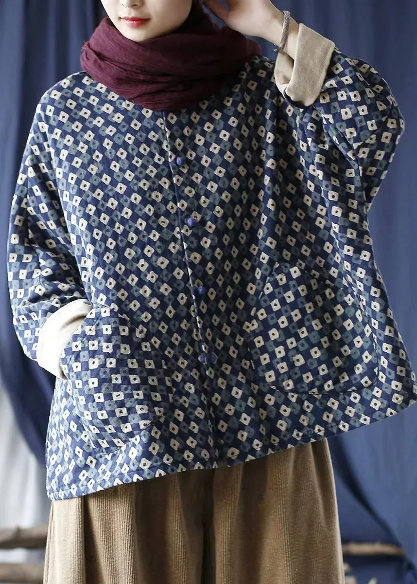 Vintage Blue Oversized Print Linen Coat Spring