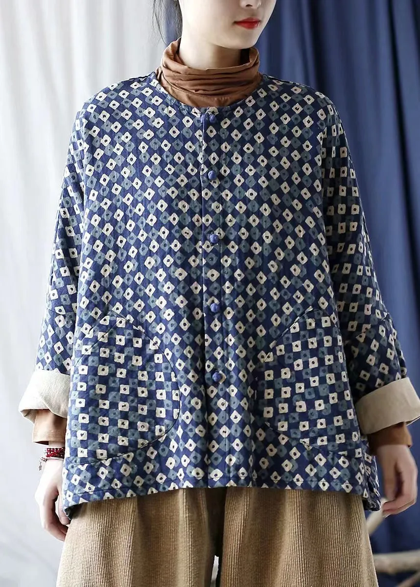 Vintage Blue Oversized Print Linen Coat Spring